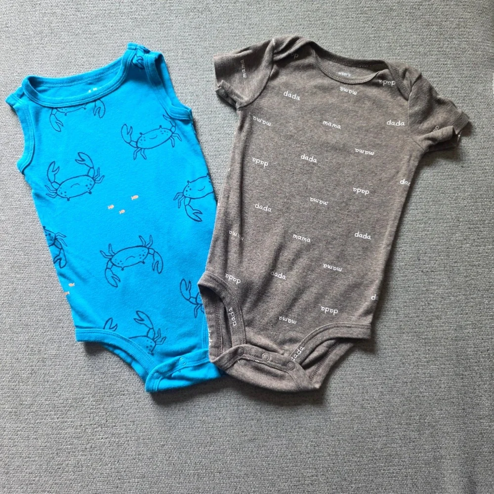 Baby Boys 12M Bodysuit Lot 2 Blue Crab Sleeveless Brown Mama Dada Snaps Carter's